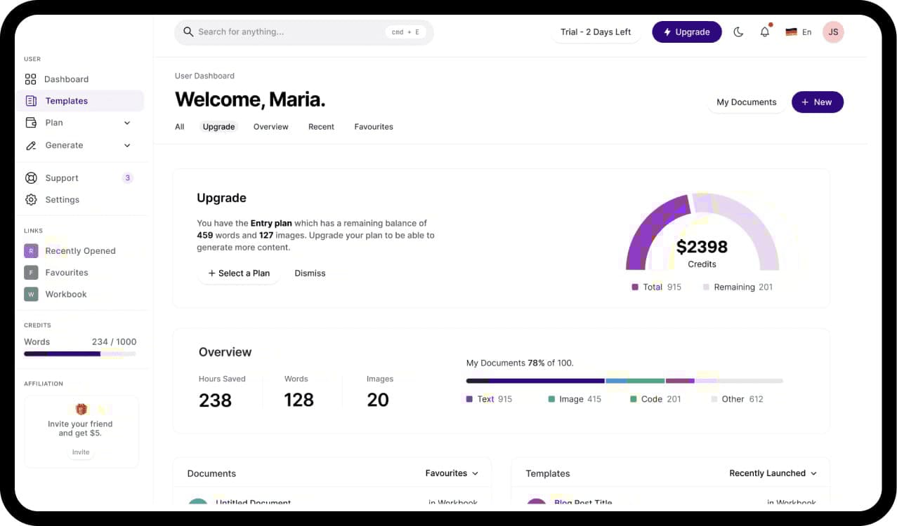 Word Spinner Dashboard Mockup